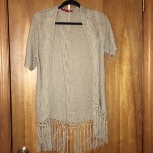 Tan fringed short sleeve cardigan